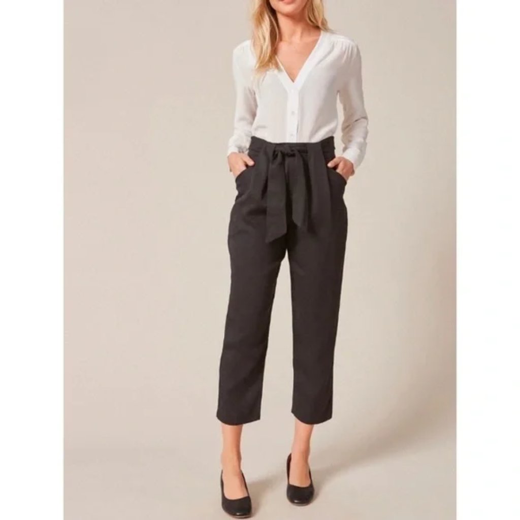Amour Vert Anissa Pants Tencel Twill Ankle Crop Tie Waist Black Trousers Size S